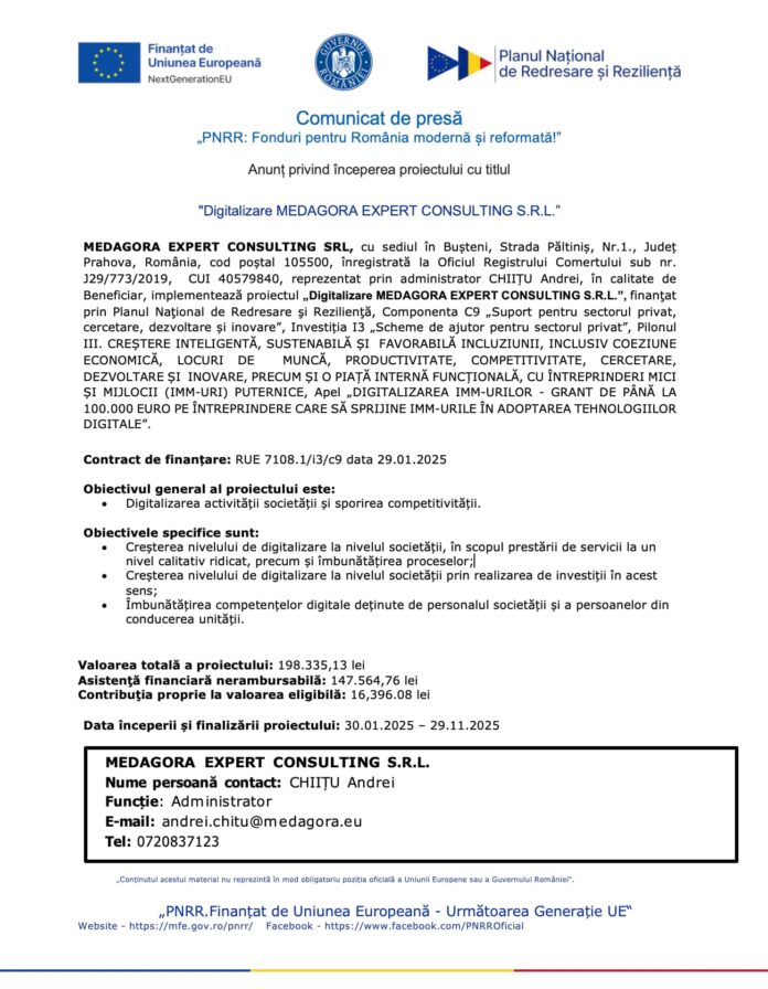 Comunicat de Presa PNRR : Digitalizare MEDAGORA EXPERT CONSULTING S.R.L.
